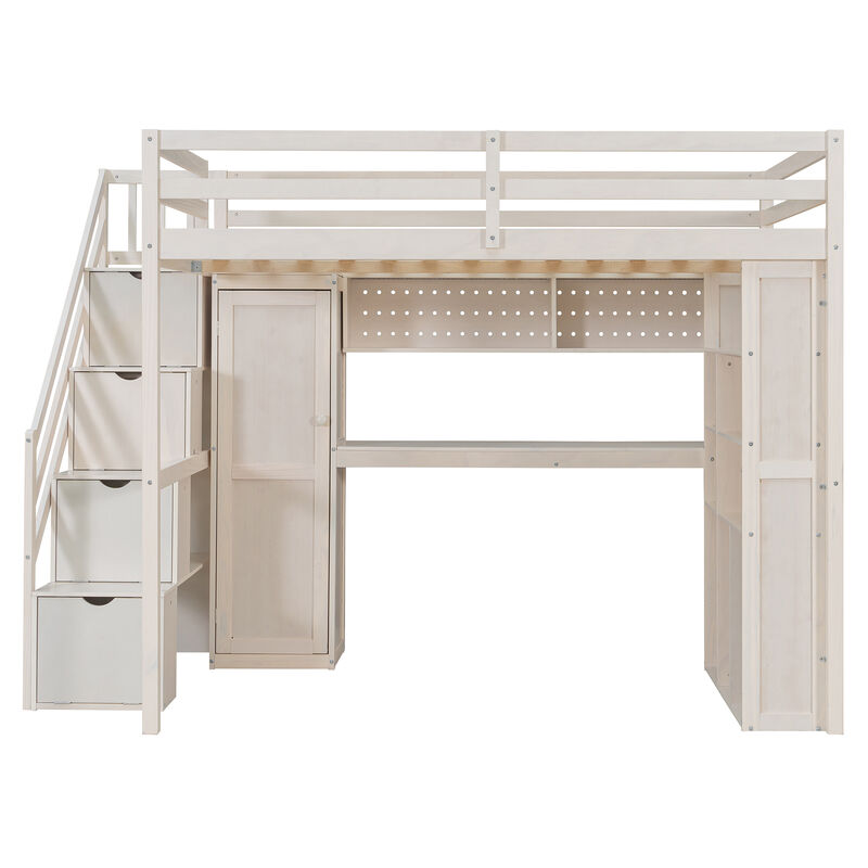 Whisen Full Loft Bed with Wardrobe Desk Shelves, Solid Wood Space-Saving for Bedroom Kids image number 0