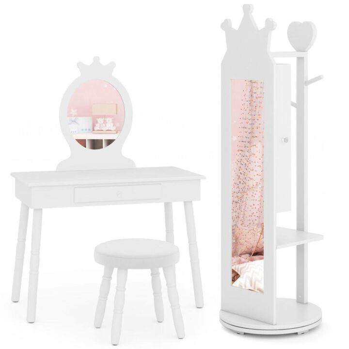 Hivvago Kids Room Furniture Set Princess Vanity Table and Stool Set with Mirror and Drawer
