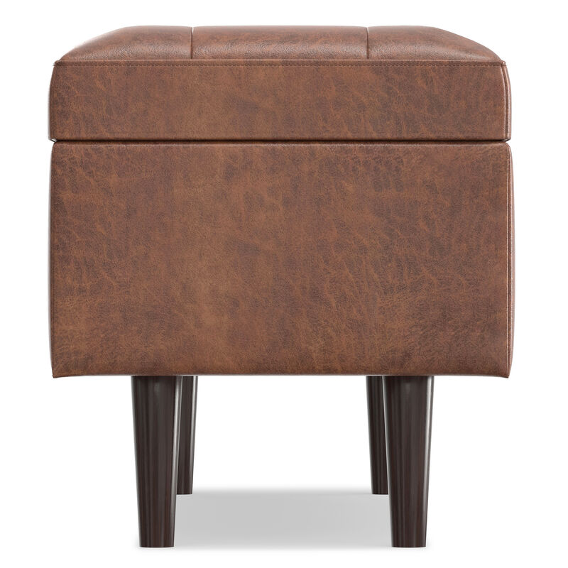 Shay Mid Century Rectangular Storage Ottoman in Distressed Saddle Brown Faux Leather