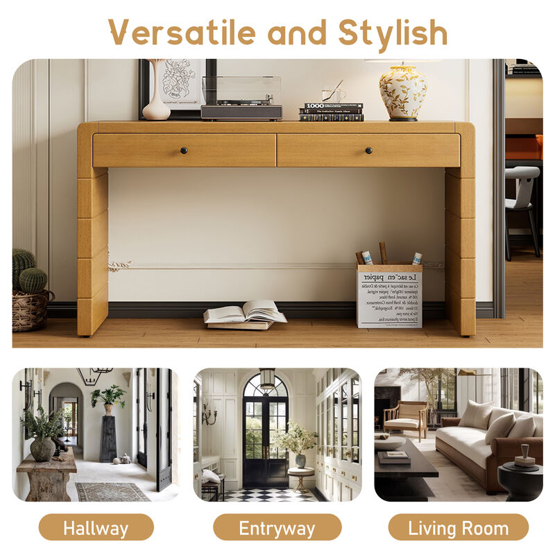 Curved Console Table with Storage, Wooden Entryway Table with 2 Drawers