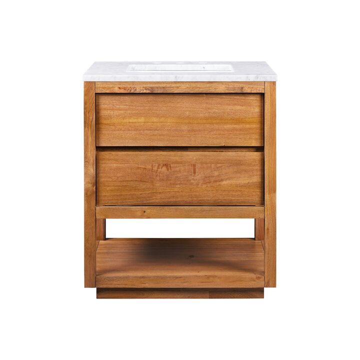 Oakman 30 In. Single Sink Carrara White Marble Countertop Bath Vanity in Mango Wood