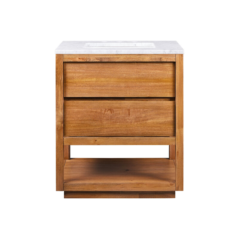 Oakman 30 In. Single Sink Carrara White Marble Countertop Bath Vanity in Mango Wood