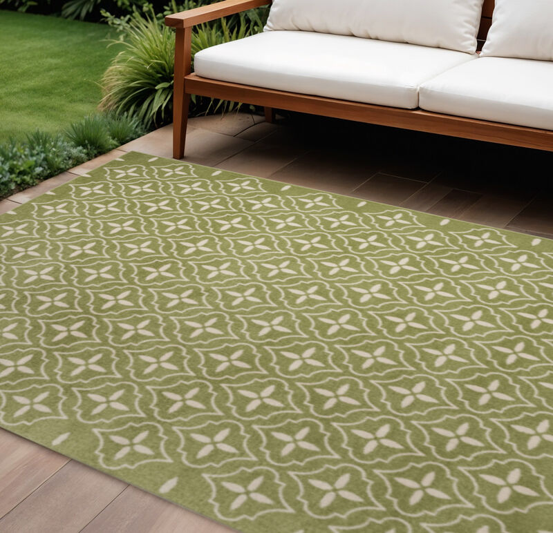HomeRoots 8' X 10' Green And Ivory Geometric Indoor Outdoor Area Rug image number 1