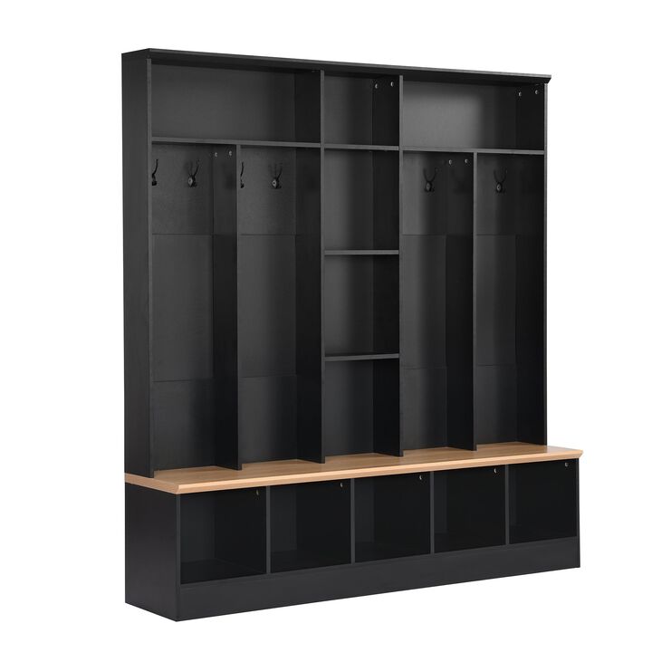 Clihome Wide Design Hall Tree with Storage Bench with 8 Hooks for Entryway