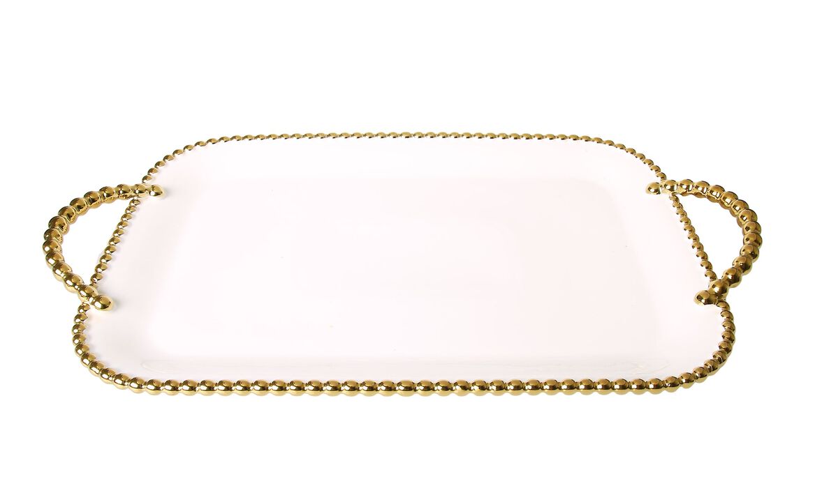 Porcelain White Tray with Gold Beaded Borders and Handles