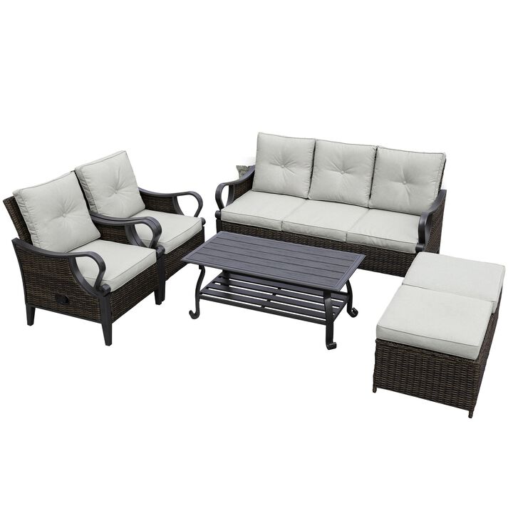 MONDAWE 6 Pcs Outdoor Sectional Sofa With Reclining Backrest, Ottomans, Light Gray Cushions