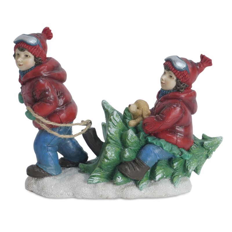 Set of 2 Festive Child and Dog Figurines with Tree for Mantel or Shelf Styling