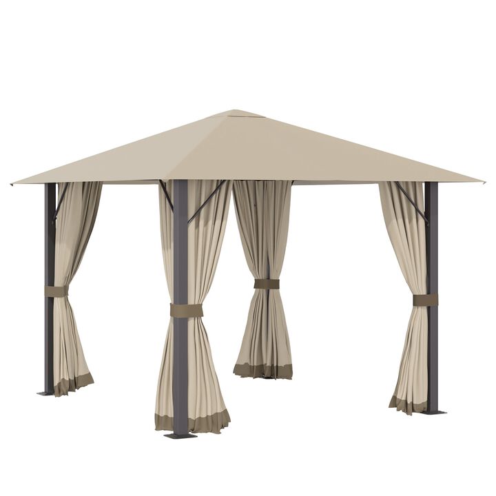 10' x 10' Patio Gazebo Aluminum Frame Outdoor Canopy Shelter with Sidewalls, Vented Roof for Garden, Lawn, Backyard and Deck, Khaki