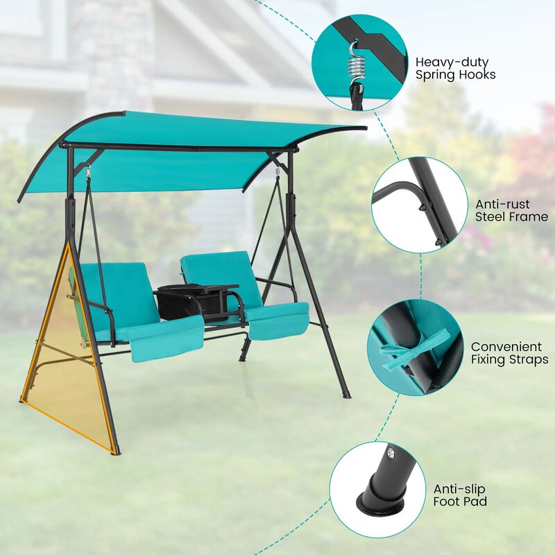 Mondawe 2-Person Canopy Metal Porch Swing Padded Chair with Cooler Bag Rotatable Tray