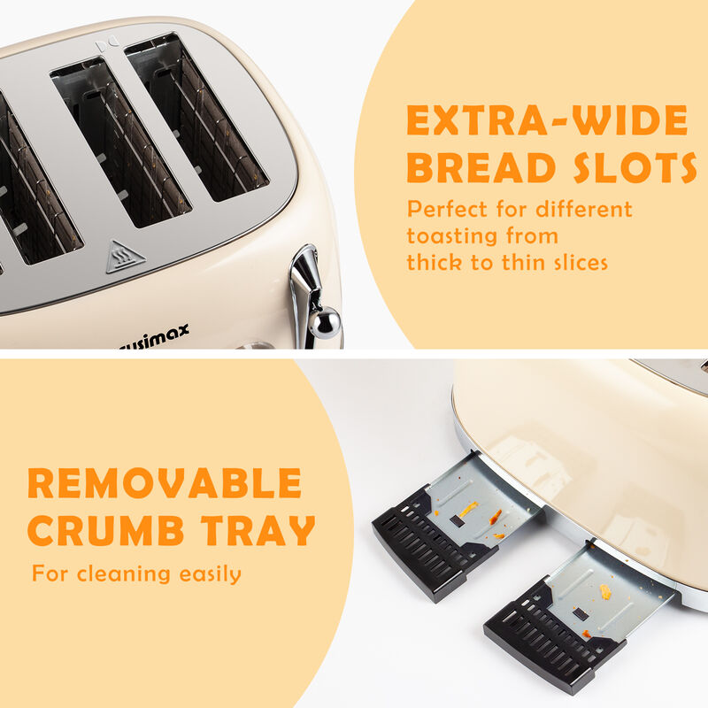 Cusimax Retro Toaster, 4 Slice with Extra Wide Slots for Bagels and Waffles, 6 Browning Levels and 4 Functions, Stainless Steel Toaster image number 5