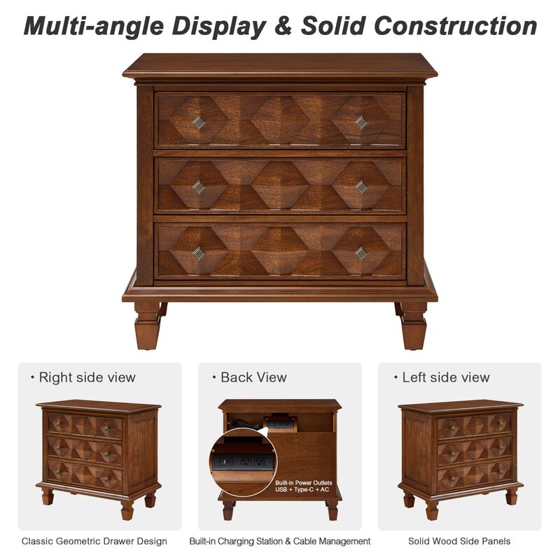 Nufwor Built‑in Charging Station Farmhouse 3‑Drawer Nightstand image number 5