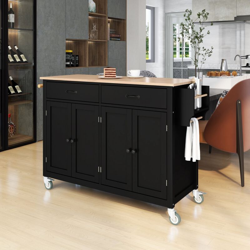 Kitchen Island Cart with Solid Wood Top and Locking Wheels, 54.3 Inch Width, 4 Door Cabinet and Two Drawers, Spice Rack, Towel Rack (Black)