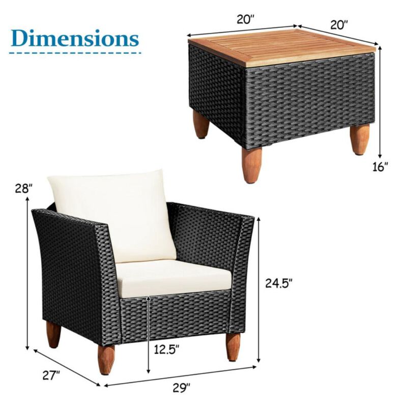 Hivvago 3 Pieces Patio Wicker Furniture Set with Cushions and Acacia Wood Coffee Table Outdoor