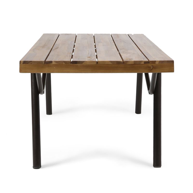 Patio Coffee Table, Slatted Top, Brown Iron, 50 Inch Teak Brown Acacia