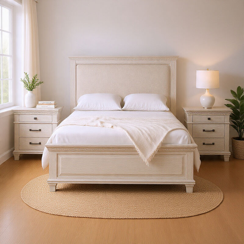 Queen Bedroom Set, Gray, Cream Wood, 3 Piece Set with 2 Nightstands image number 8
