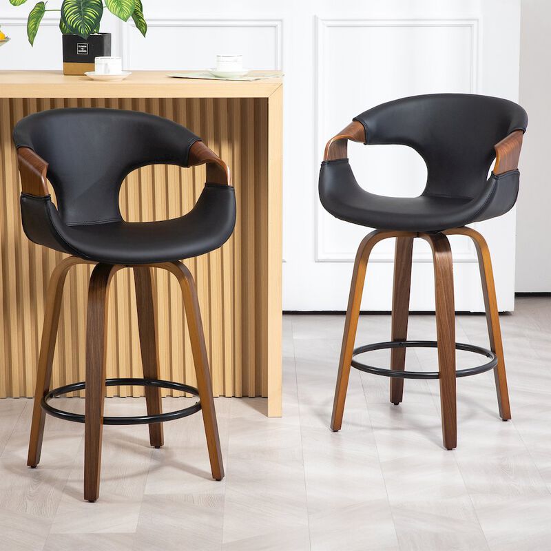Glamour Home Baylor Black Faux Leather Counter Stool with Walnut Wooden Legs