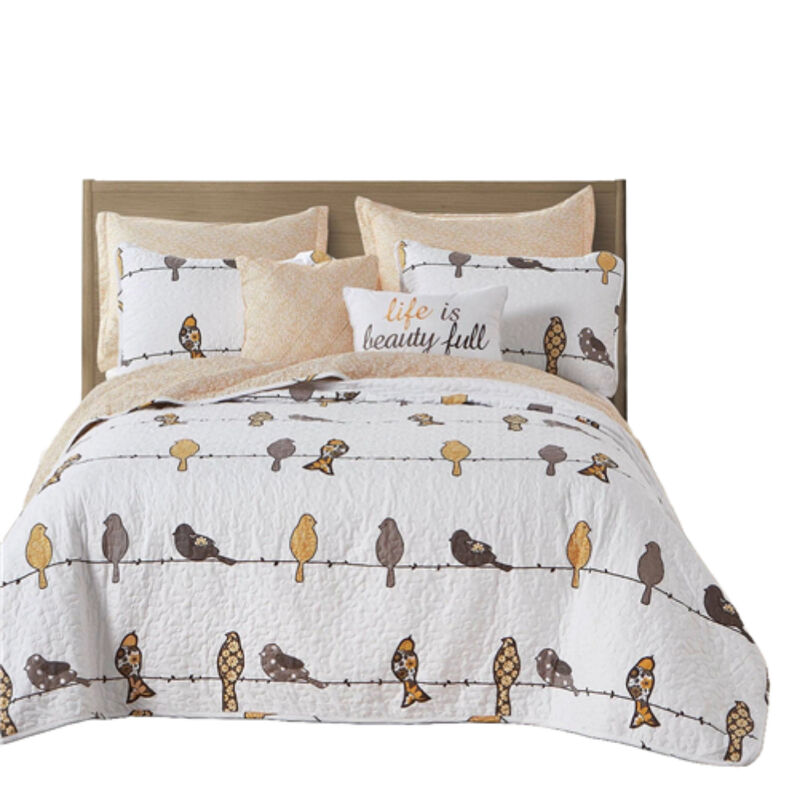 Floral Birds on Wire Lightweight 7-Piece Quilt Set for Complete Cozy Bedding