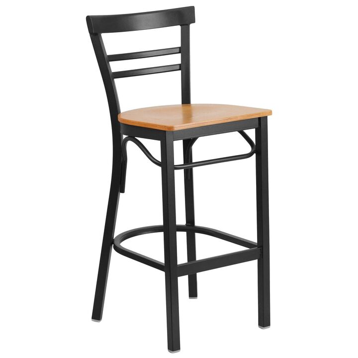 Flash Furniture HERCULES Series Black Two-Slat Ladder Back Metal Restaurant Barstool - Natural Wood Seat