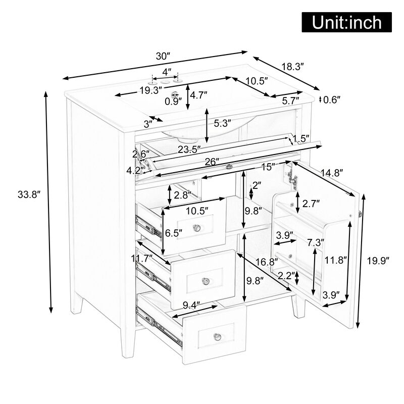 Merax Bathroom Storage Vanity with 3 Left Drawers, Right Cabinet with Adjustable Shelves image number 4