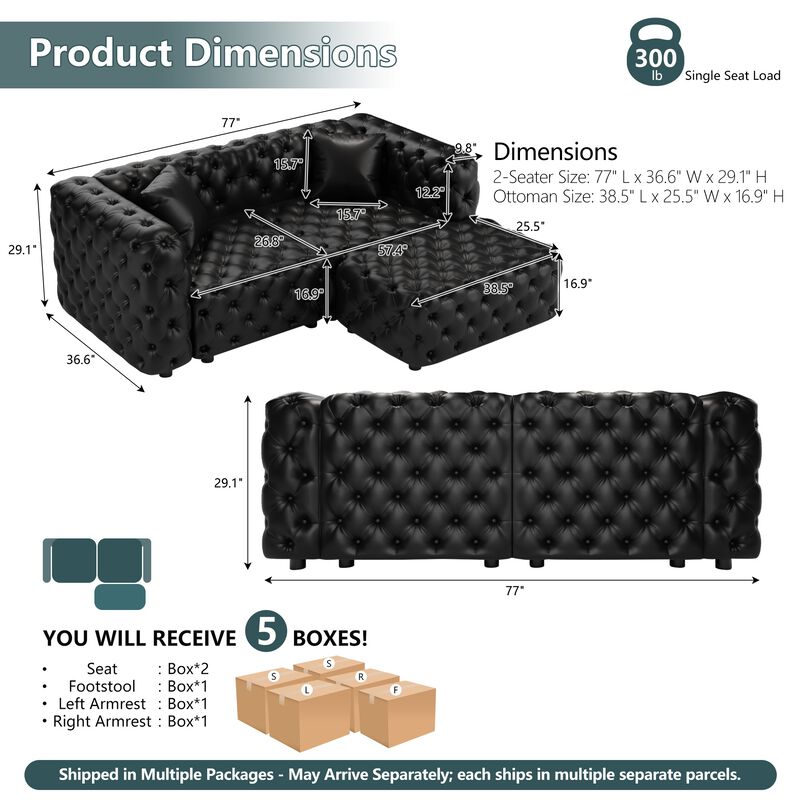 Whisen 77" Modern Modular Sofa with 1 Ottoman, Faux Leather Upholstered, for Living Room image number 9