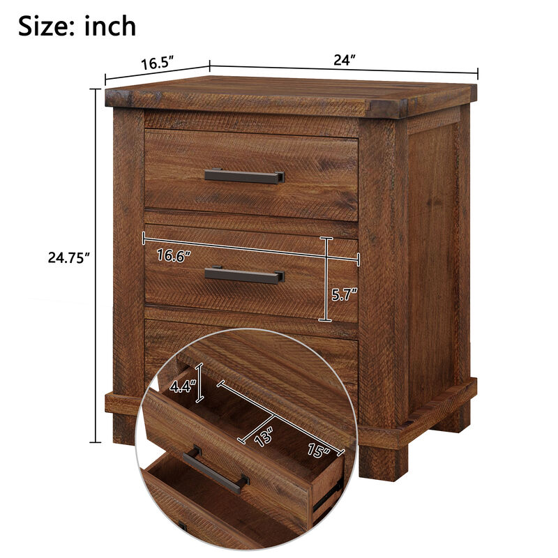 Merax Reclaimed Pine 3-Drawer Nightstand with Antique Zinc Pulls &ndash; Rustic Distressed Finish image number 3
