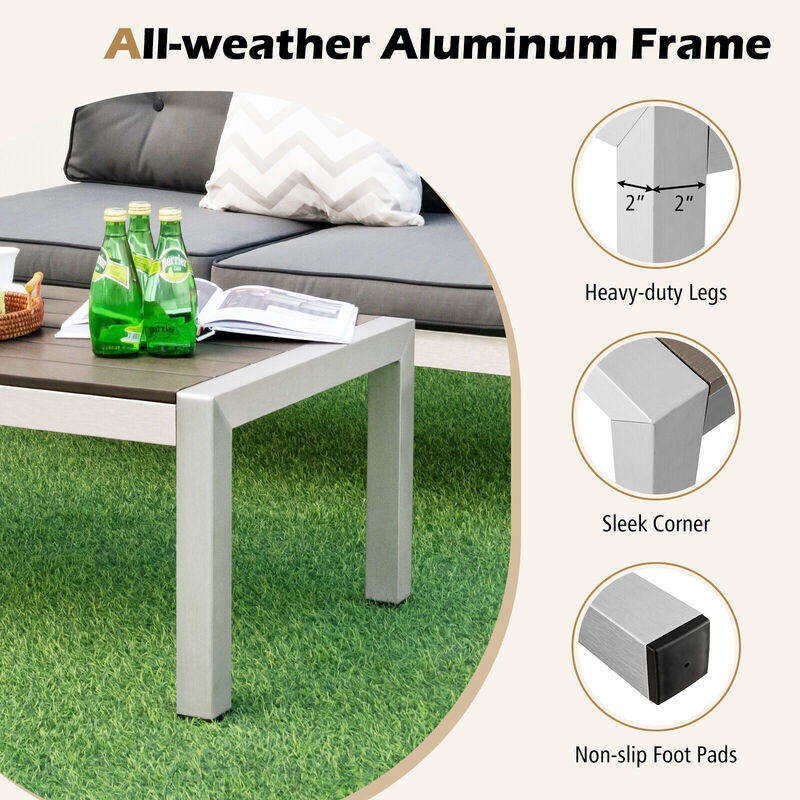 Modern Rectangular Patio Coffee Table with Plastic Wood Tabletop and Rustproof Aluminum Frame-Gray
