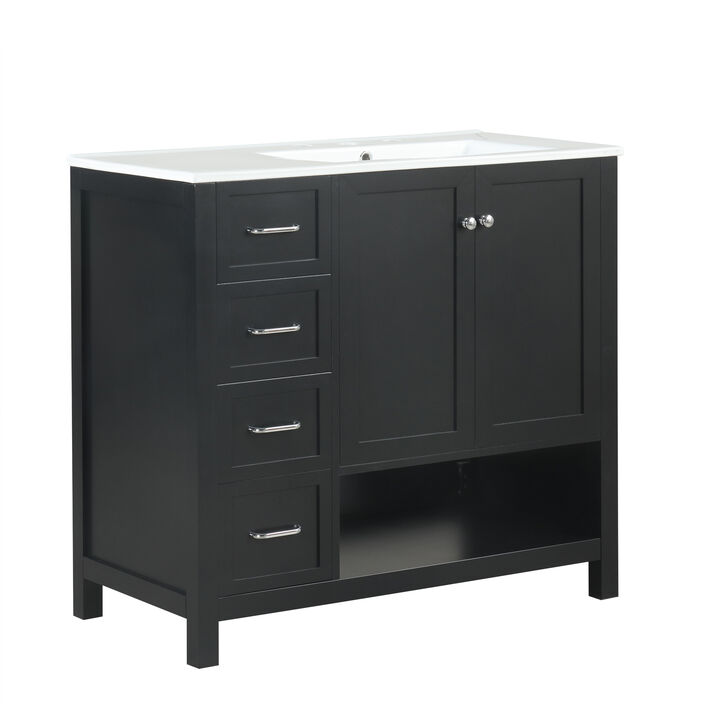 Merax Freestanding Bathroom Vanity with Ceramic Basin (3 Faucet Holes), Two-Door Cabinet & Drawers