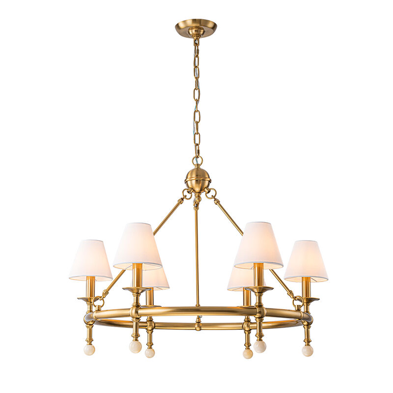 6-Light W34 Inch Warm Brass Statement Chandelier Unique Classic Lighting with White Fabric Lamp Shades and Alabaster Finials for Dining Room Living Room image number 0