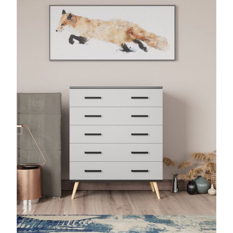 Eli Mid-Century Modern 5 Drawer Chest in Black & Light Gray Color
