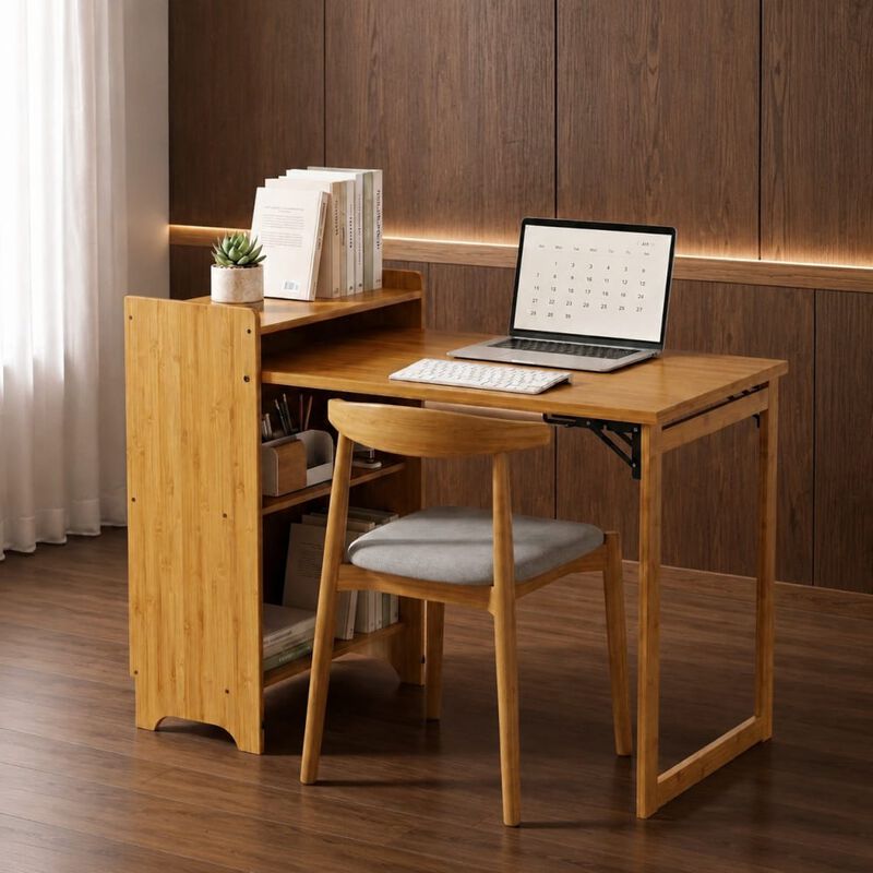 GOODSILO Bamboo Folding Desk Space Saving Foldable Table for Home Office Bedroom Computer Workstation Vanity with Hidden Storage for Small Spaces image number 2