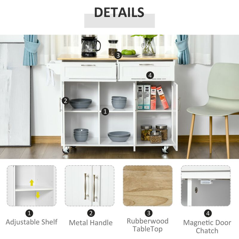 White Kitchen Cart: Portable Island with Rubberwood Top and Drawers