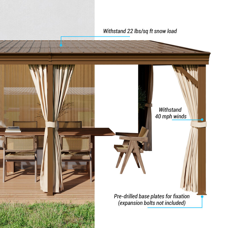 MONDAWE 12x16FT Lean to Gazebo, Hardtop Wall Mounted Gazebo with Sloping Galvanized Steel Roof, Aluminum Frame, Drainage System, Curtains and Netting