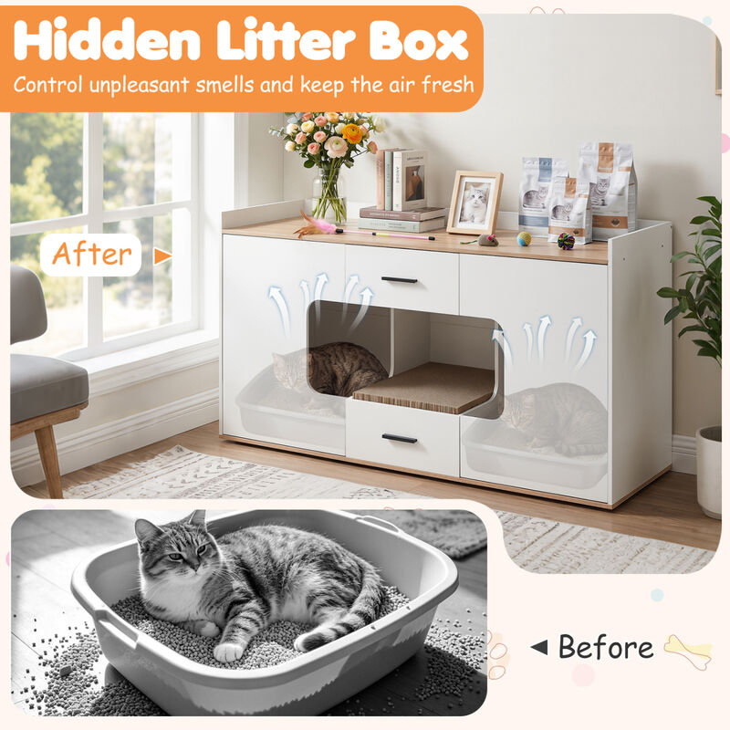 Multi Functional Wooden Cat House Cabinet with Wide Top 2 Drawers and 2 Door Storage for Cats image number 3