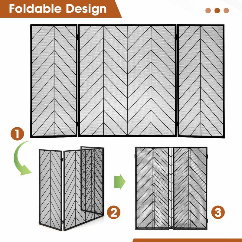3-Panel Metal Foldable Fireplace Screen with Metal Mesh