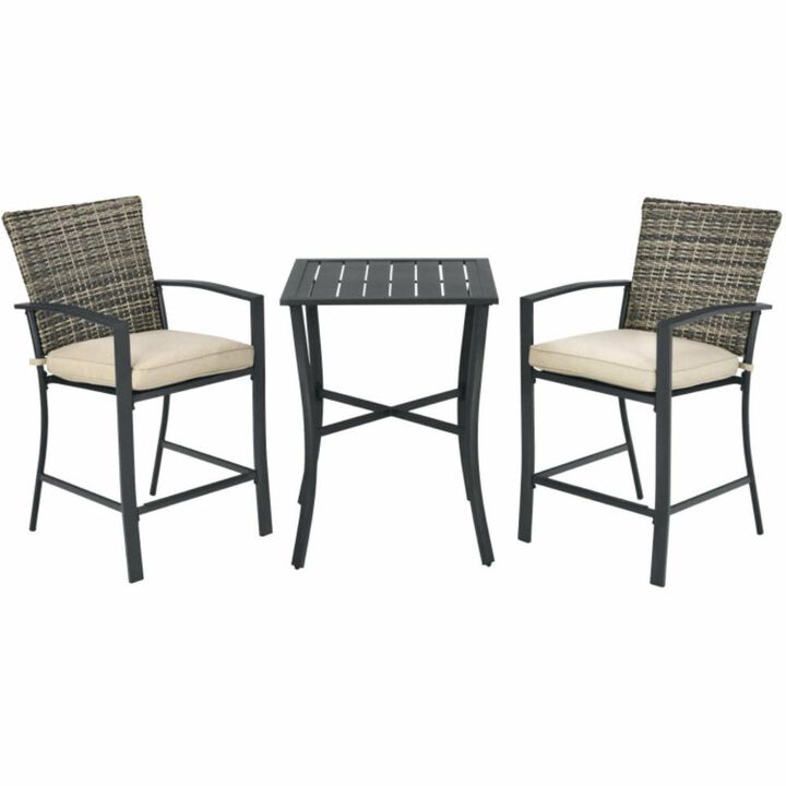 Hivvago 3 Pieces Rattan Bar Furniture Set with Slat Table and 2 Cushioned Stools