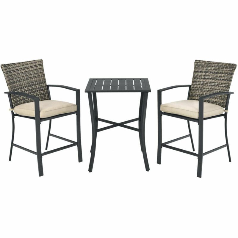 Hivvago 3 Pieces Rattan Bar Furniture Set with Slat Table and 2 Cushioned Stools