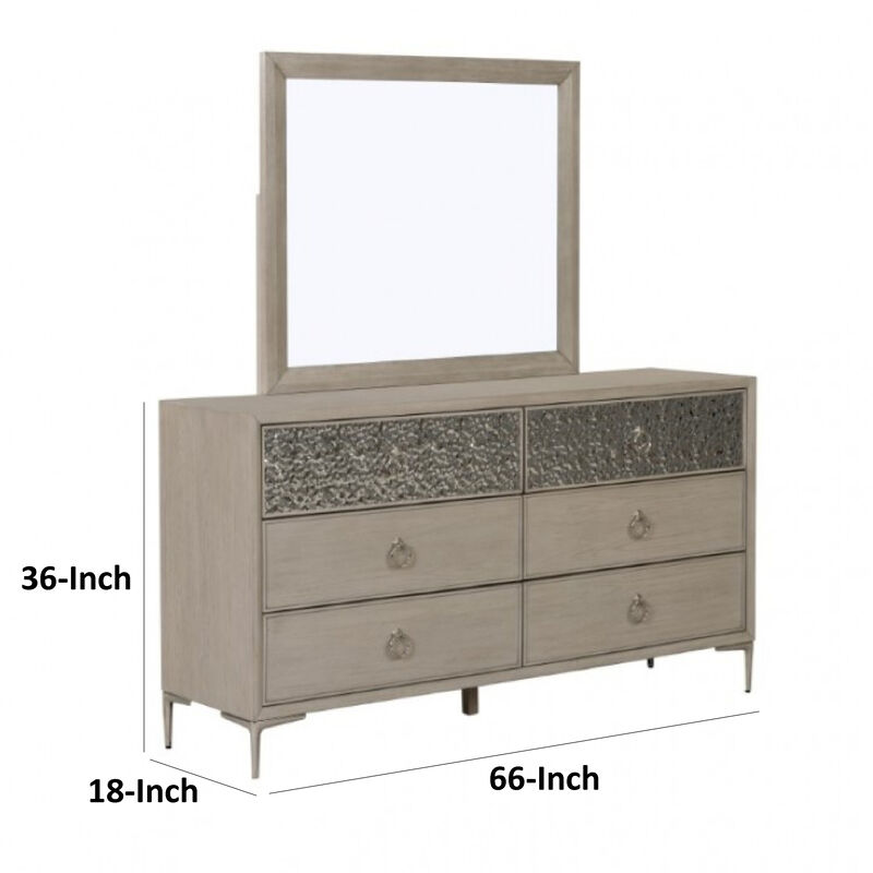 Kaira 66 Inch Dresser, 6 Drawers, Textured Metal, Natural Oak Brown
