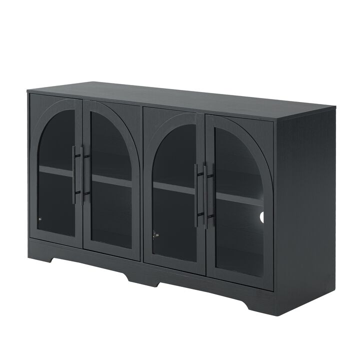 4‑Door Arched Glass Storage Sideboard, Rustic Buffet Storage Cabinet for Living Room Entryway