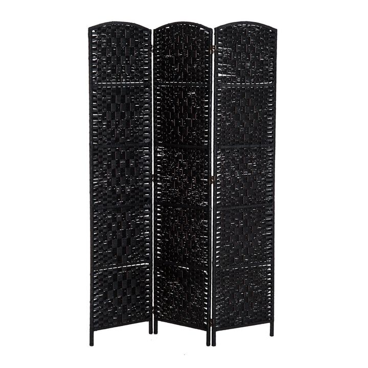 Black Woven Separator: 6' Tall 3-Panel Wicker Room Divider