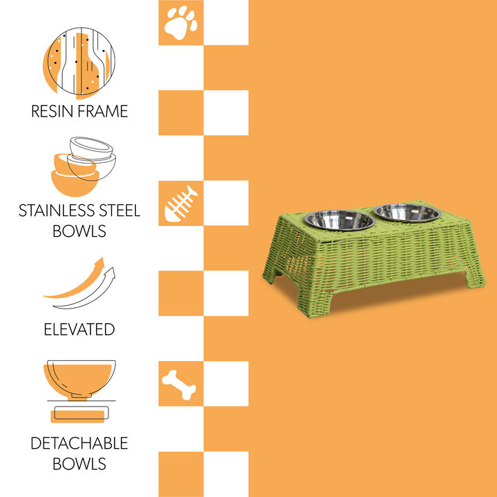 Serenity 6.9" Elevated Wicker Pet Feeder with 18oz (2.2 Cups) 2-Stainless Steel Bowls