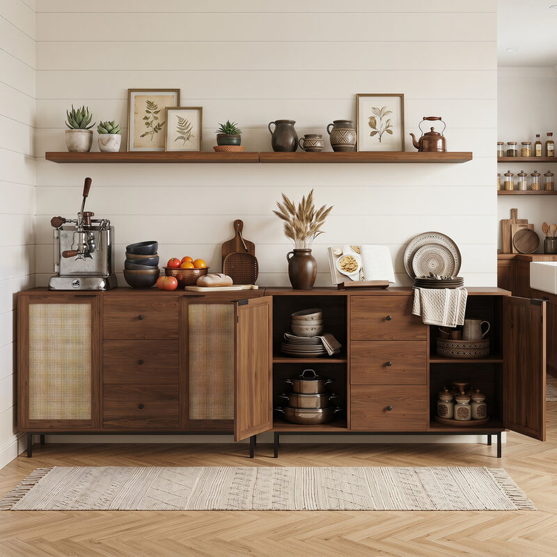Farmhouse Sideboard Buffet Cabinet with 2 Rattan Doors and 3 Drawers image number 6