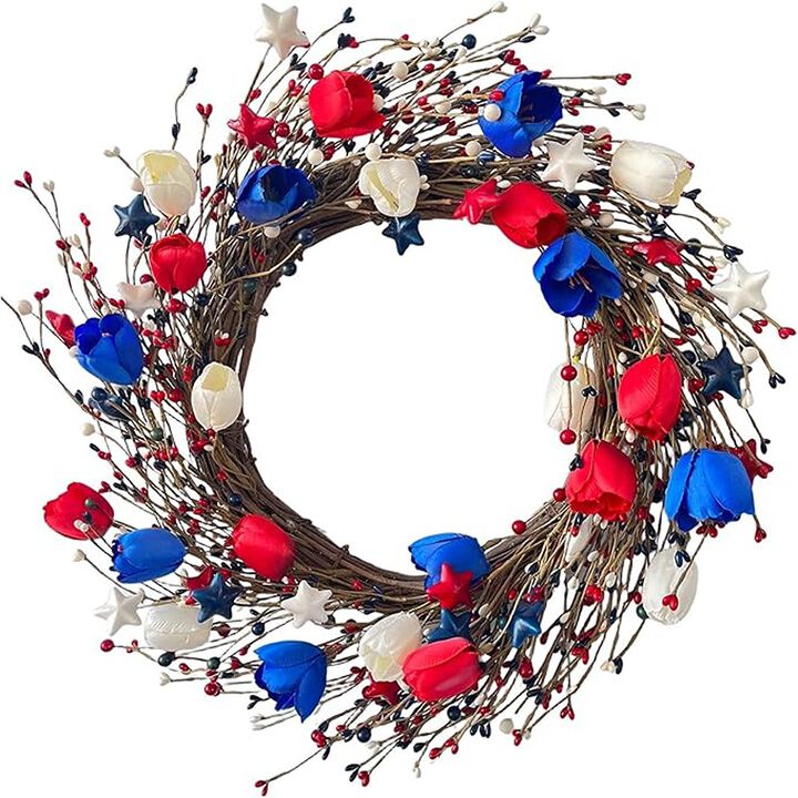 Patriotic Tulip Wreath with Berries and Star Accents for Seasonal Door Decor