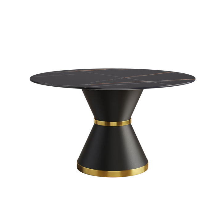 53.15" Modern artificial stone round black carbon steel base dining table-can accommodate 6 people