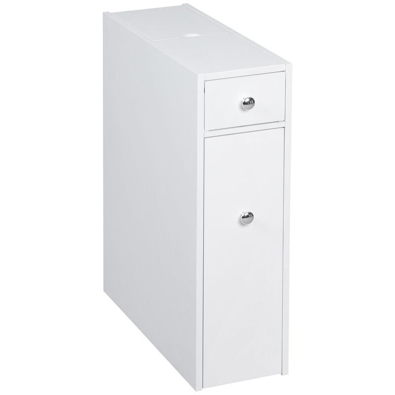Slim Bathroom Organizer: White Wooden Floor Cabinet with Drawers