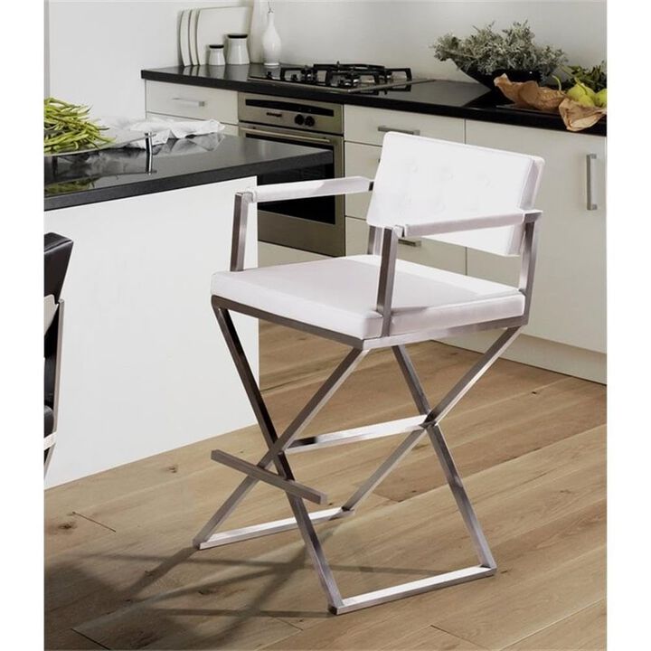 Tov Furniture The Director Collection Stainless Steel Metal Leather Upholstered Industrial Modern Counter Stool with Back & Arms, White