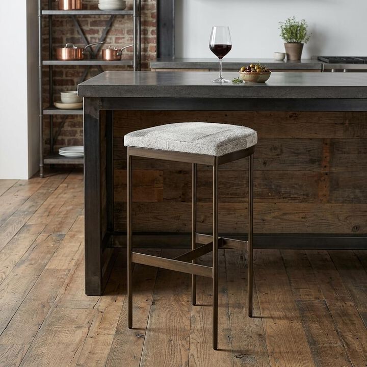 HomeRoots 35" Gray And Gold Leather And Hair on Hide Leather And Metal Backless Counter Height Bar Chair