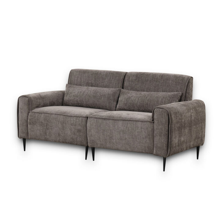 Tiu 74 Inch Sofa with 2 Lumbar Pillows, Gray Chenille, Metal, Solid Wood - Benzara