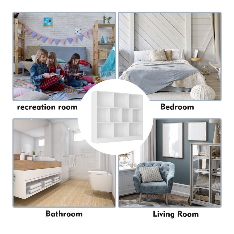 55.1 in. W x 40.9 in. H White Wooden 10-Shelf Freestanding Standard Bookcase Display Bookshelf With Cubes