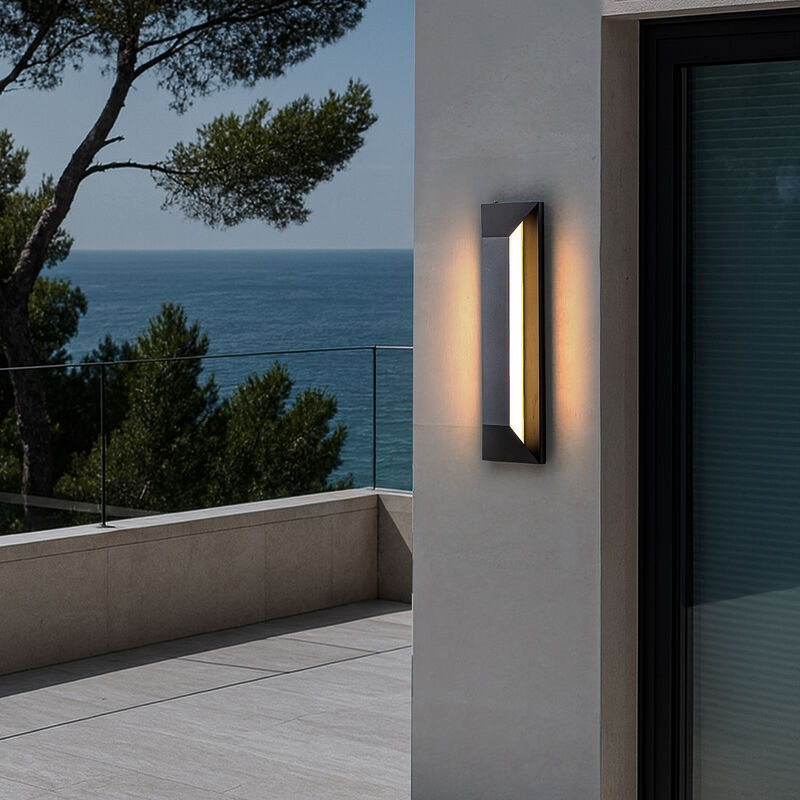 H22" Large Dusk to Dawn Modern Outdoor Wall Light 24W Integrated LED Exterior Wall Sconce with Black Trapezoid Design and Acrylic Shade for Garage Entryway image number 2