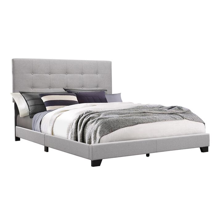 Lawrence Queen Size Bed, Wood Frame, Light Gray Button Tufted Upholstery - Benzara